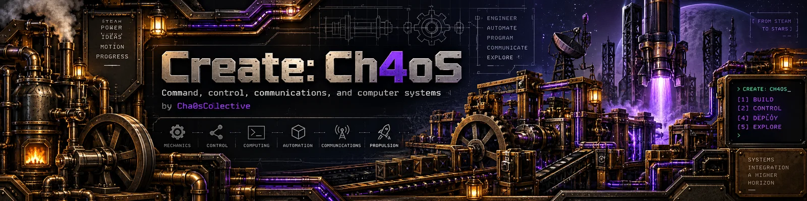 Create: Ch4oS artwork showing brass machinery, engineering blueprints, and violet energy beneath the words from steam to stars
